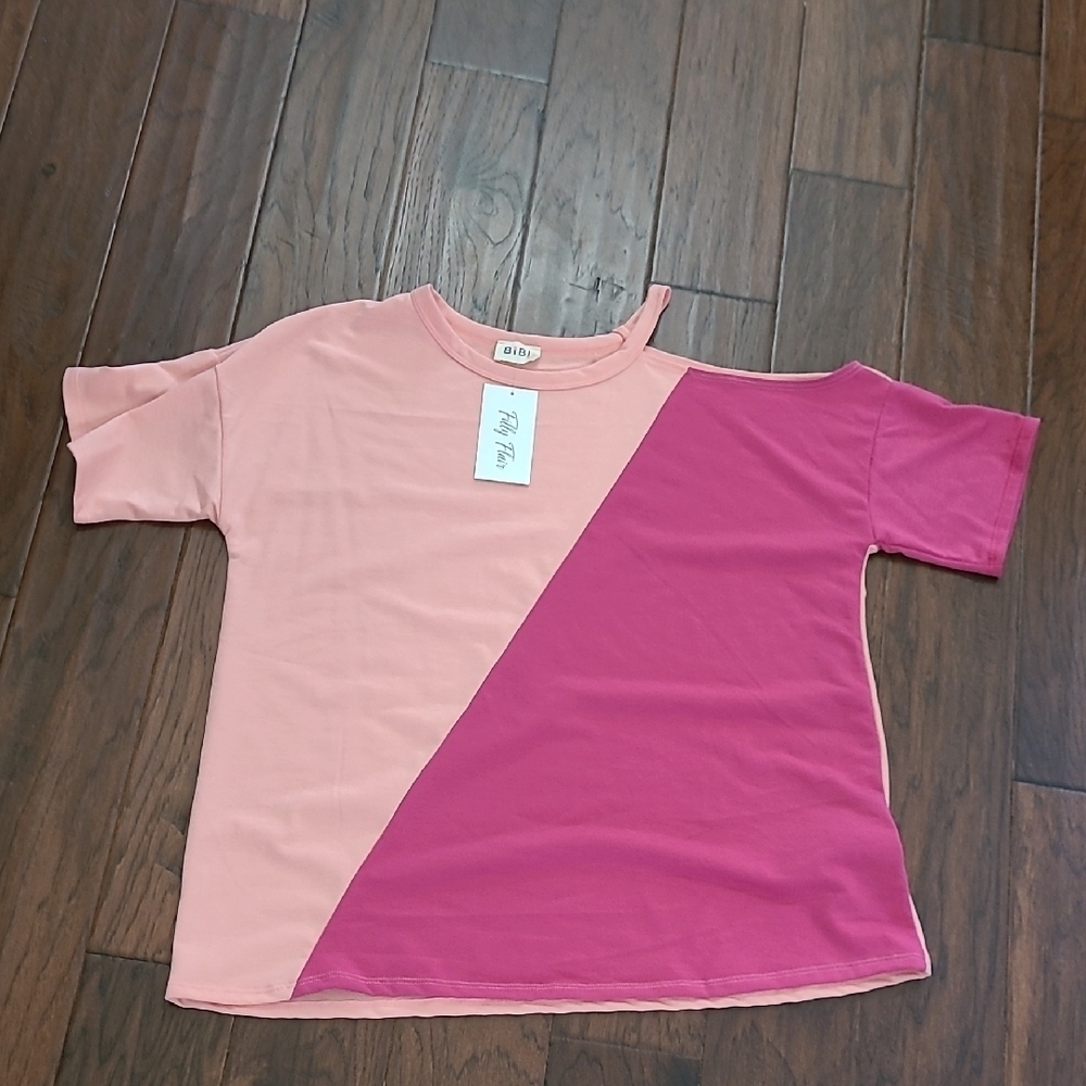 NWT BiBi Pink & Rose Colorblock Short Sleeve Top size XL